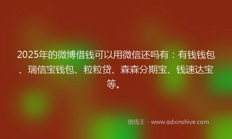 2025年的微博借钱可以用微信还吗有：有钱钱包、瑞信宝钱包、粒粒贷、森森分期宝、钱速达宝等。