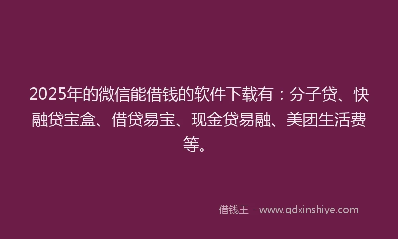 2025年的微信能借钱的软件下载有：分子贷、快融贷宝盒、借贷易宝、现金贷易融、美团生活费等。