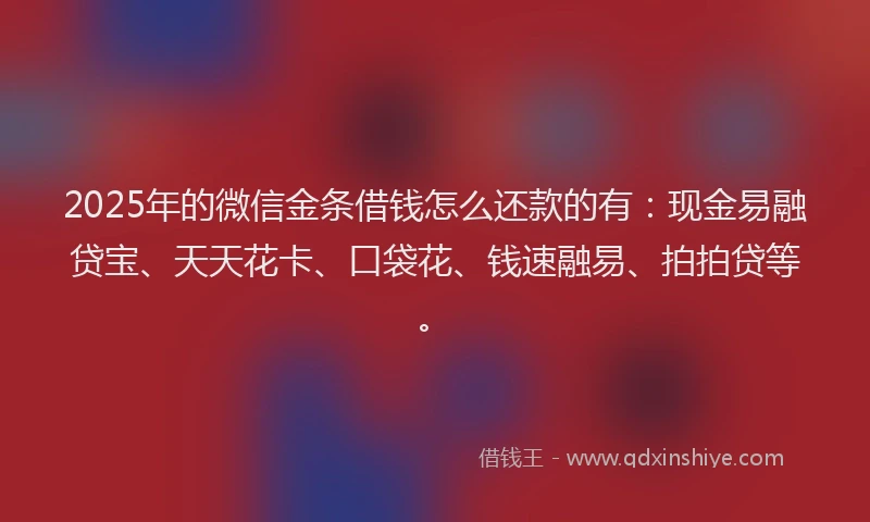 2025年的微信金条借钱怎么还款的有：现金易融贷宝、天天花卡、口袋花、钱速融易、拍拍贷等。