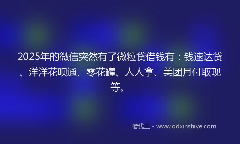 2025年的微信突然有了微粒贷借钱有：钱速达贷、洋洋花呗通、零花罐、人人拿、美团月付取现等。