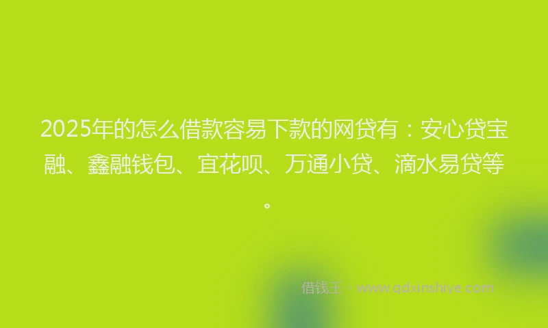 2025年的怎么借款容易下款的网贷有：安心贷宝融、鑫融钱包、宜花呗、万通小贷、滴水易贷等。