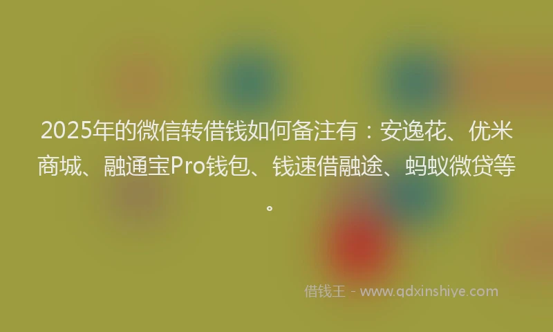 2025年的微信转借钱如何备注有：安逸花、优米商城、融通宝Pro钱包、钱速借融途、蚂蚁微贷等。