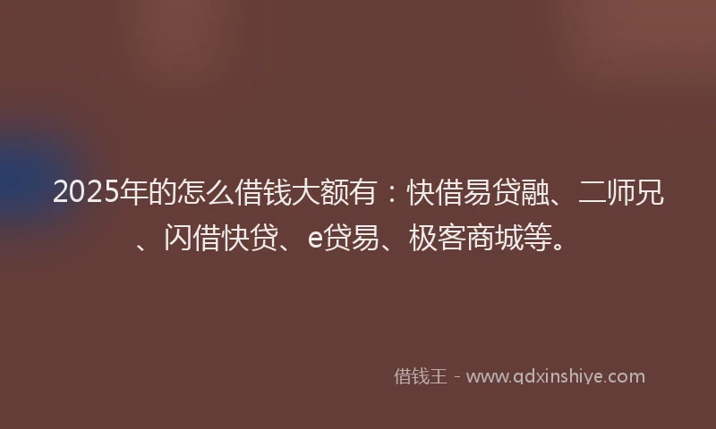 2025年的怎么借钱大额有：快借易贷融、二师兄、闪借快贷、e贷易、极客商城等。