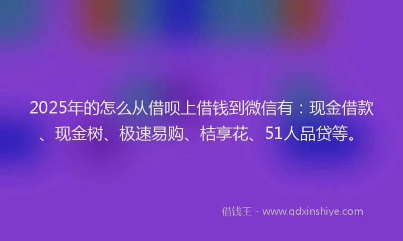 2025年的怎么从借呗上借钱到微信有：现金借款、现金树、极速易购、桔享花、51人品贷等。