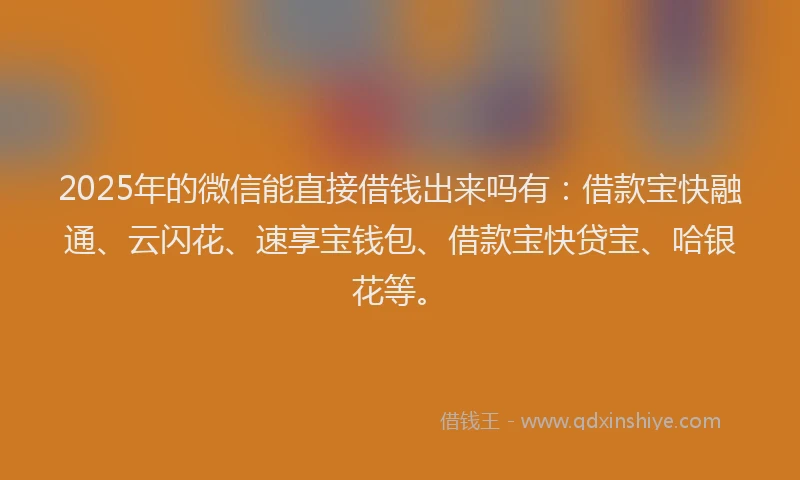 2025年的微信能直接借钱出来吗有：借款宝快融通、云闪花、速享宝钱包、借款宝快贷宝、哈银花等。