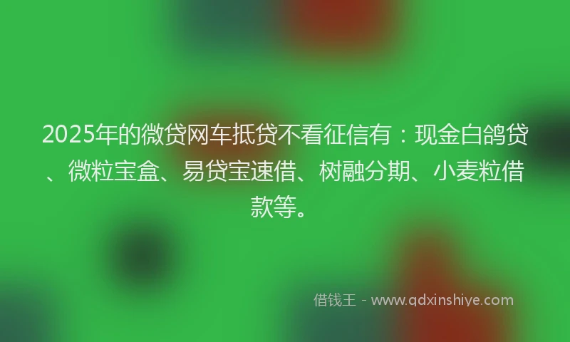 2025年的微贷网车抵贷不看征信有：现金白鸽贷、微粒宝盒、易贷宝速借、树融分期、小麦粒借款等。
