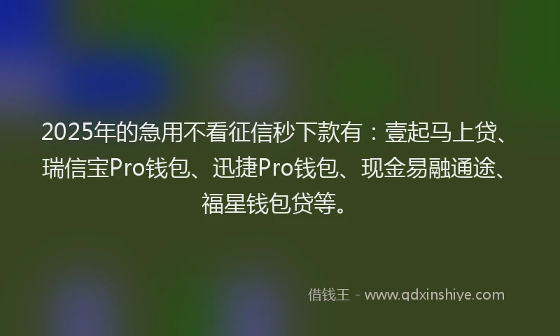 2025年的急用不看征信秒下款有：壹起马上贷、瑞信宝Pro钱包、迅捷Pro钱包、现金易融通途、福星钱包贷等。