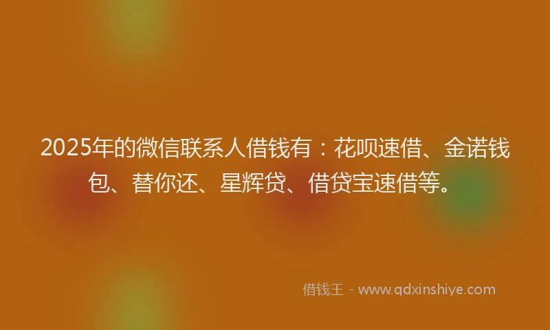 2025年的微信联系人借钱有：花呗速借、金诺钱包、替你还、星辉贷、借贷宝速借等。