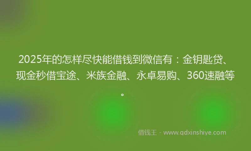 2025年的怎样尽快能借钱到微信有：金钥匙贷、现金秒借宝途、米族金融、永卓易购、360速融等。
