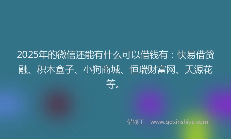 2025年的微信还能有什么可以借钱有：快易借贷融、积木盒子、小狗商城、恒瑞财富网、天源花等。