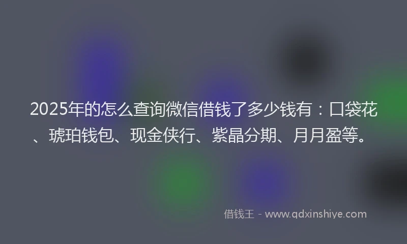 2025年的怎么查询微信借钱了多少钱有：口袋花、琥珀钱包、现金侠行、紫晶分期、月月盈等。