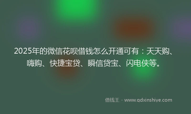 2025年的微信花呗借钱怎么开通可有：天天购、嗨购、快捷宝贷、瞬信贷宝、闪电侠等。