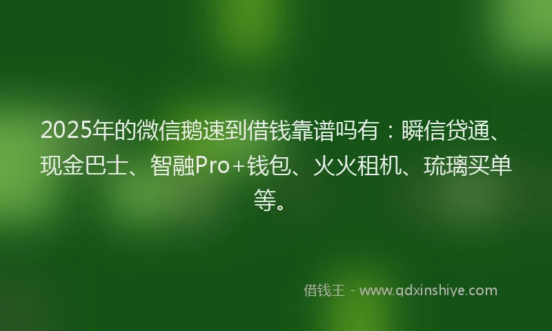 2025年的微信鹅速到借钱靠谱吗有：瞬信贷通、现金巴士、智融Pro+钱包、火火租机、琉璃买单等。