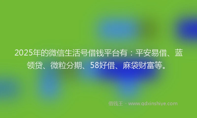 2025年的微信生活号借钱平台有：平安易借、蓝领贷、微粒分期、58好借、麻袋财富等。