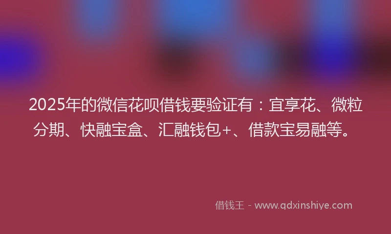 2025年的微信花呗借钱要验证有：宜享花、微粒分期、快融宝盒、汇融钱包+、借款宝易融等。