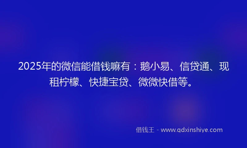 2025年的微信能借钱嘛有：鹅小易、信贷通、现租柠檬、快捷宝贷、微微快借等。