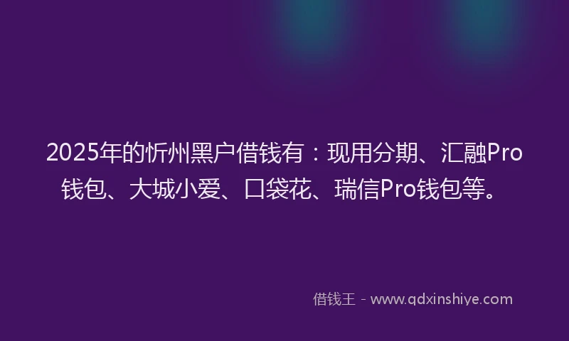 2025年的忻州黑户借钱有：现用分期、汇融Pro钱包、大城小爱、口袋花、瑞信Pro钱包等。