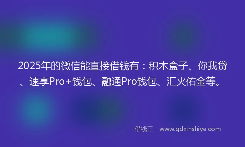 2025年的微信能直接借钱有：积木盒子、你我贷、速享Pro+钱包、融通Pro钱包、汇火佑金等。
