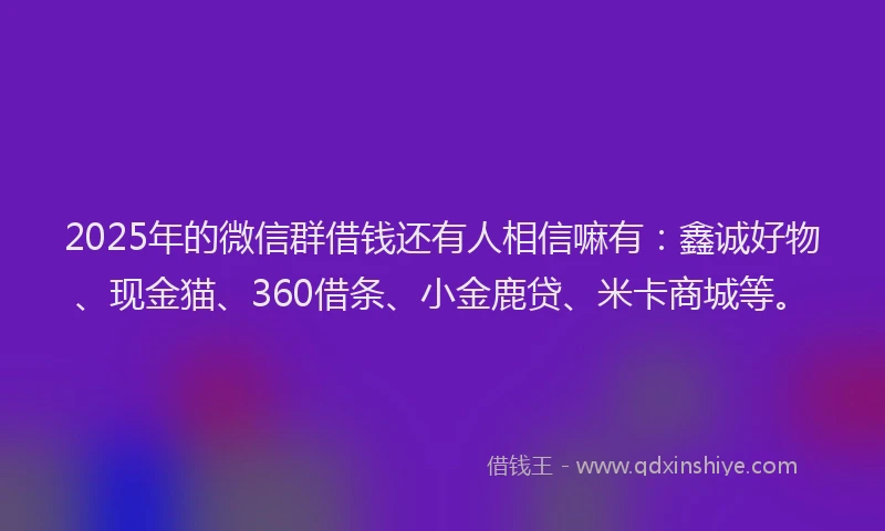 2025年的微信群借钱还有人相信嘛有：鑫诚好物、现金猫、360借条、小金鹿贷、米卡商城等。