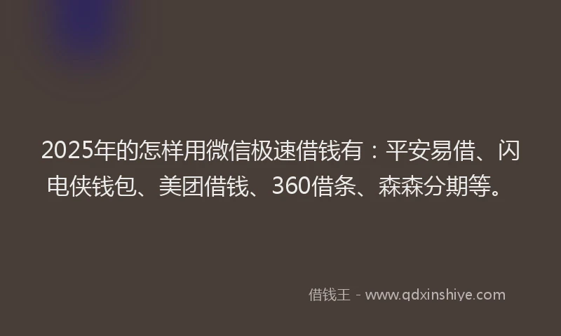 2025年的怎样用微信极速借钱有：平安易借、闪电侠钱包、美团借钱、360借条、森森分期等。
