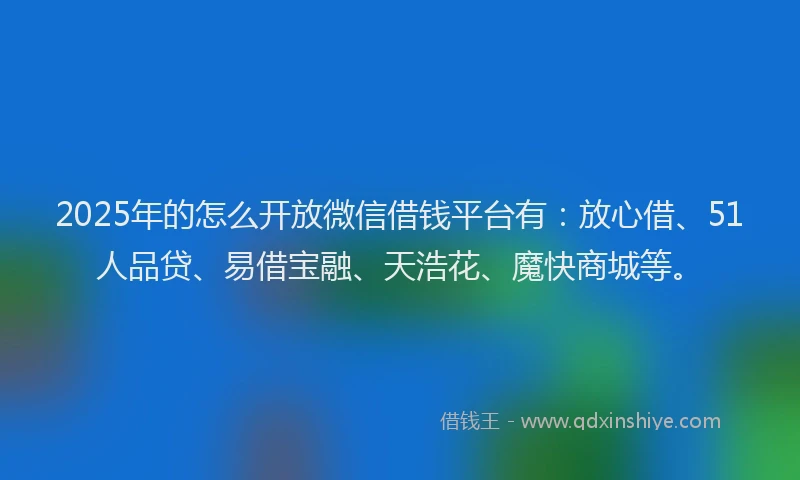2025年的怎么开放微信借钱平台有：放心借、51人品贷、易借宝融、天浩花、魔快商城等。