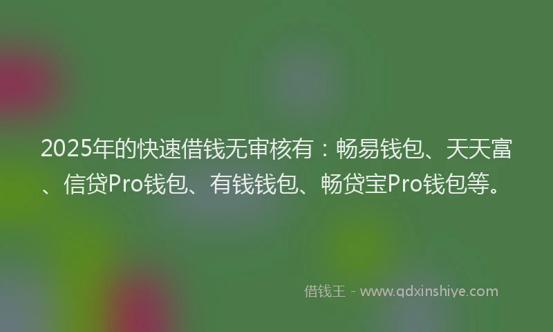 2025年的快速借钱无审核有：畅易钱包、天天富、信贷Pro钱包、有钱钱包、畅贷宝Pro钱包等。