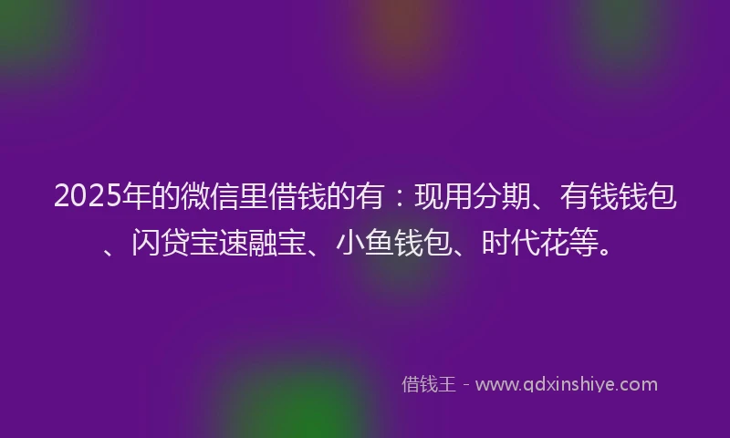 2025年的微信里借钱的有：现用分期、有钱钱包、闪贷宝速融宝、小鱼钱包、时代花等。