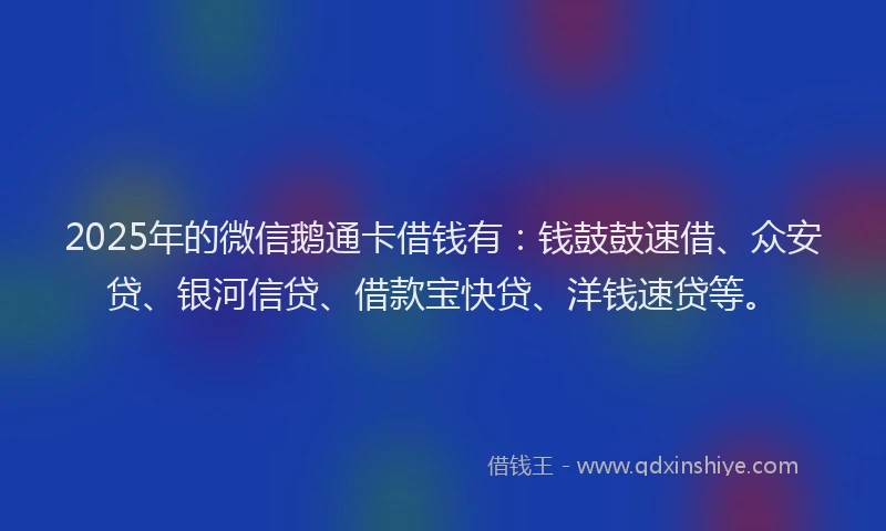 2025年的微信鹅通卡借钱有：钱鼓鼓速借、众安贷、银河信贷、借款宝快贷、洋钱速贷等。