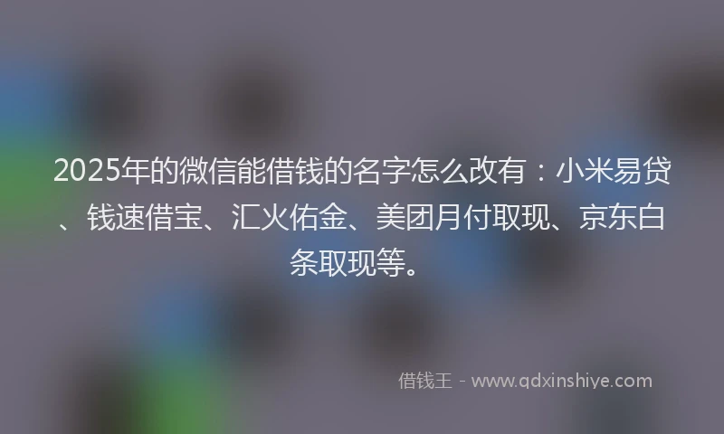 2025年的微信能借钱的名字怎么改有：小米易贷、钱速借宝、汇火佑金、美团月付取现、京东白条取现等。