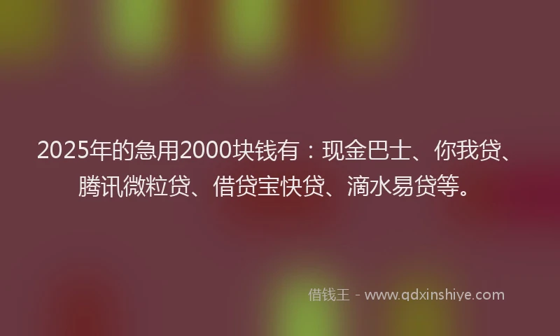 2025年的急用2000块钱有：现金巴士、你我贷、腾讯微粒贷、借贷宝快贷、滴水易贷等。