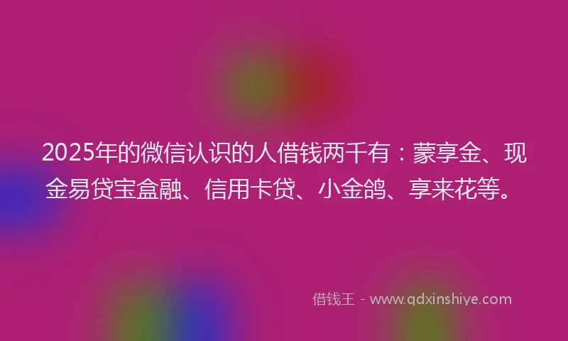 2025年的微信认识的人借钱两千有：蒙享金、现金易贷宝盒融、信用卡贷、小金鸽、享来花等。