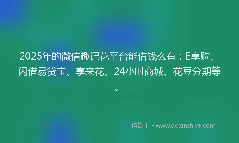 2025年的微信趣记花平台能借钱么有：E享购、闪借易贷宝、享来花、24小时商城、花豆分期等。