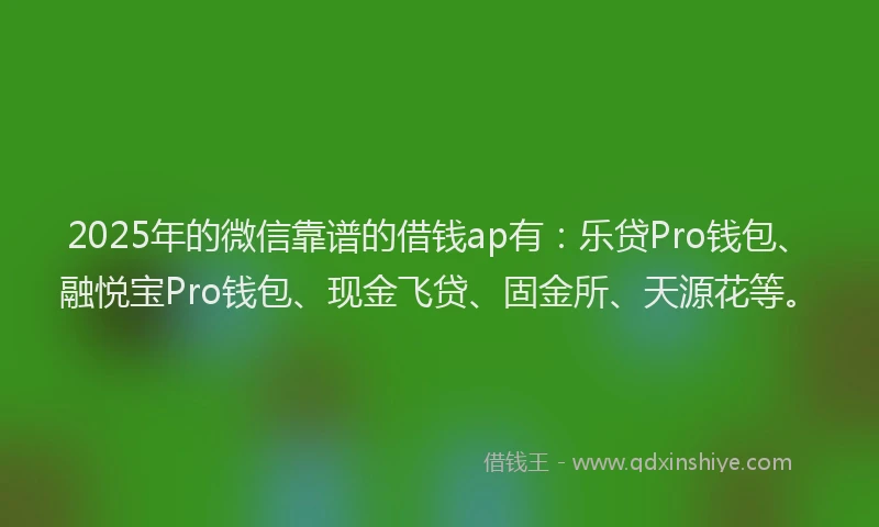 2025年的微信靠谱的借钱ap有：乐贷Pro钱包、融悦宝Pro钱包、现金飞贷、固金所、天源花等。