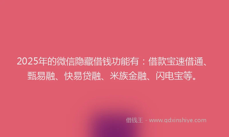 2025年的微信隐藏借钱功能有：借款宝速借通、甄易融、快易贷融、米族金融、闪电宝等。