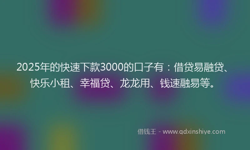 2025年的快速下款3000的口子有：借贷易融贷、快乐小租、幸福贷、龙龙用、钱速融易等。