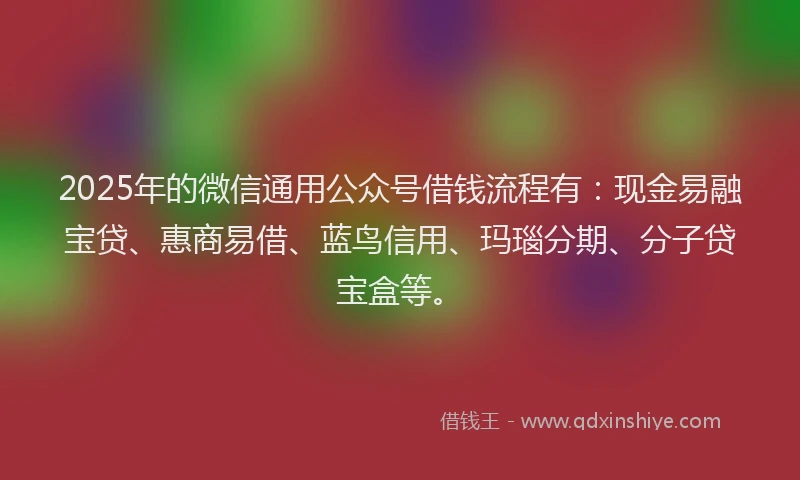 2025年的微信通用公众号借钱流程有：现金易融宝贷、惠商易借、蓝鸟信用、玛瑙分期、分子贷宝盒等。