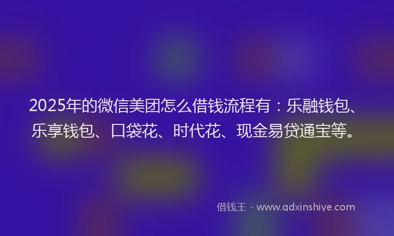 2025年的微信美团怎么借钱流程有：乐融钱包、乐享钱包、口袋花、时代花、现金易贷通宝等。