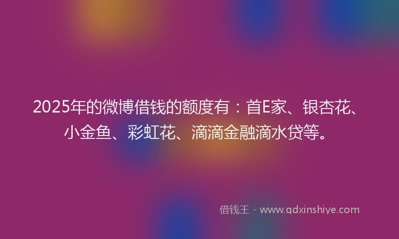 2025年的微博借钱的额度有：首E家、银杏花、小金鱼、彩虹花、滴滴金融滴水贷等。