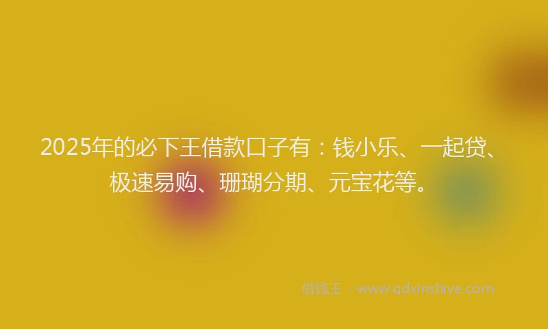 2025年的必下王借款口子有：钱小乐、一起贷、极速易购、珊瑚分期、元宝花等。