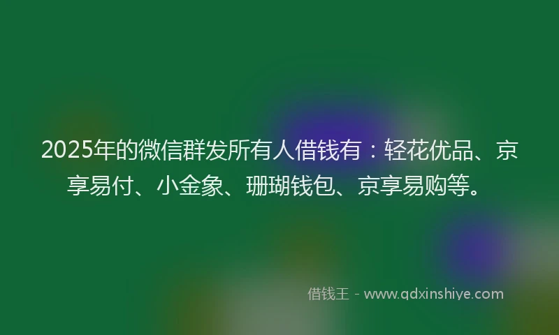 2025年的微信群发所有人借钱有：轻花优品、京享易付、小金象、珊瑚钱包、京享易购等。
