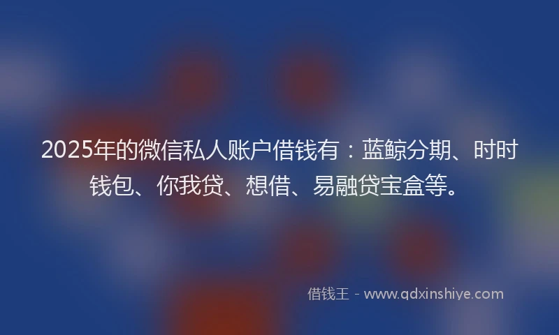2025年的微信私人账户借钱有：蓝鲸分期、时时钱包、你我贷、想借、易融贷宝盒等。