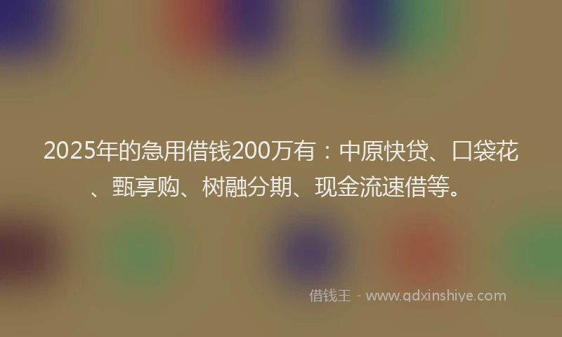 2025年的急用借钱200万有：中原快贷、口袋花、甄享购、树融分期、现金流速借等。