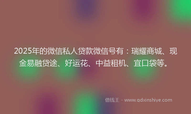 2025年的微信私人贷款微信号有：瑞耀商城、现金易融贷途、好运花、中益租机、宜口袋等。