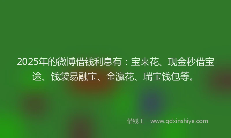 2025年的微博借钱利息有：宝来花、现金秒借宝途、钱袋易融宝、金瀛花、瑞宝钱包等。