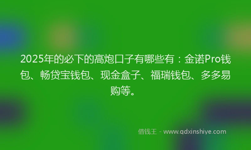 2025年的必下的高炮口子有哪些有：金诺Pro钱包、畅贷宝钱包、现金盒子、福瑞钱包、多多易购等。