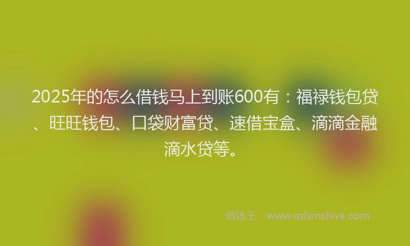 2025年的怎么借钱马上到账600有：福禄钱包贷、旺旺钱包、口袋财富贷、速借宝盒、滴滴金融滴水贷等。