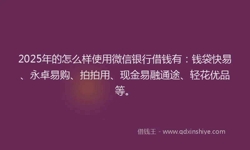 2025年的怎么样使用微信银行借钱有：钱袋快易、永卓易购、拍拍用、现金易融通途、轻花优品等。