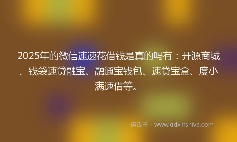 2025年的微信速速花借钱是真的吗有：开源商城、钱袋速贷融宝、融通宝钱包、速贷宝盒、度小满速借等。