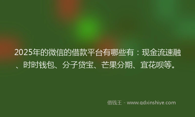 2025年的微信的借款平台有哪些有：现金流速融、时时钱包、分子贷宝、芒果分期、宜花呗等。