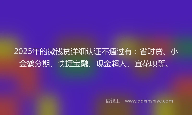 2025年的微钱贷详细认证不通过有：省时贷、小金鹤分期、快捷宝融、现金超人、宜花呗等。